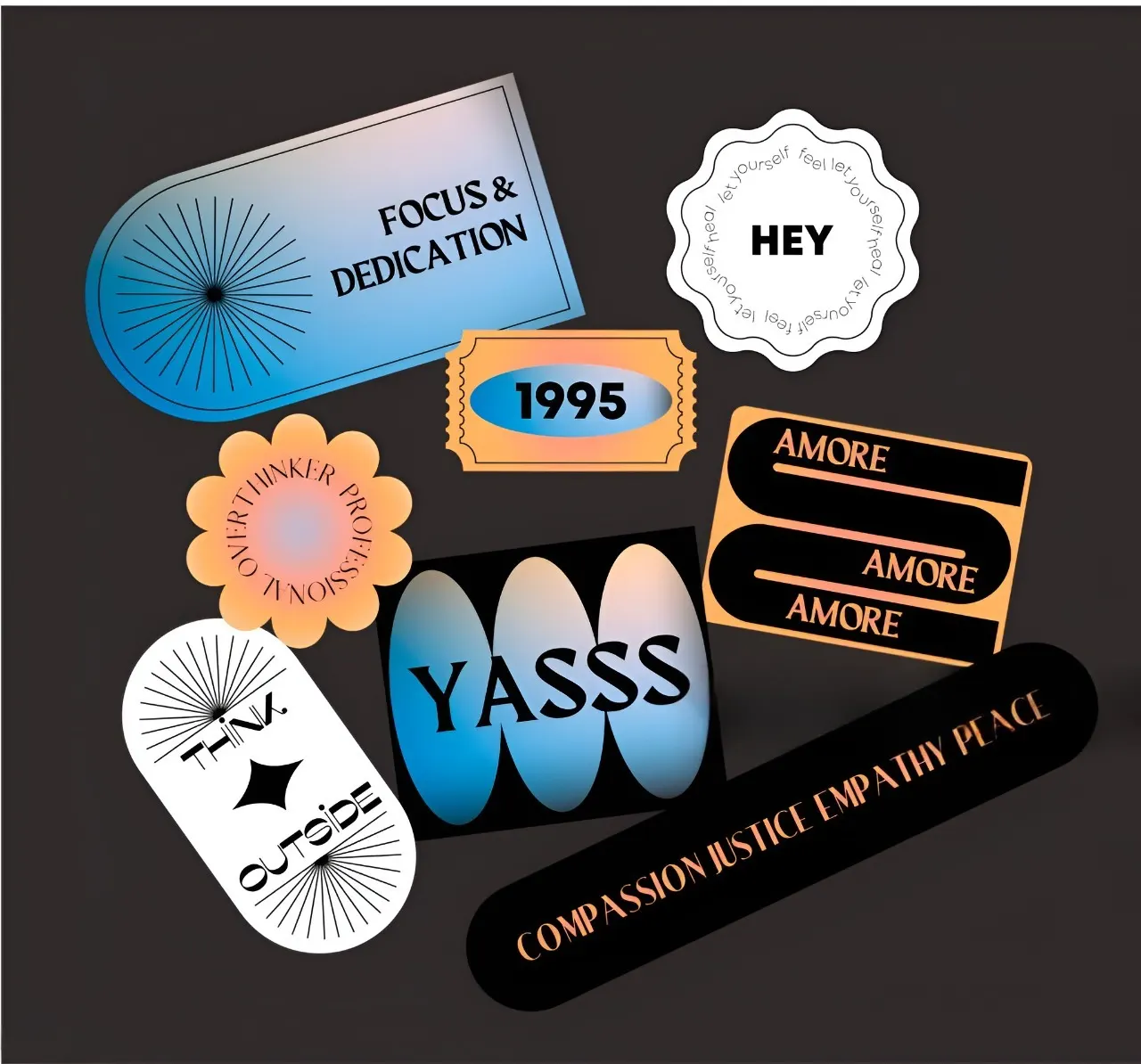 Decorative stickers in different shapes on a dark background